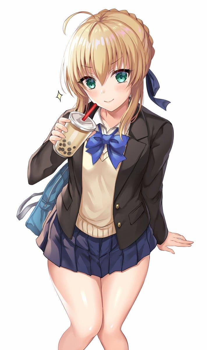 FGOイラスト　タピオカドリンク飲んでドヤ顔の制服セイバーさん