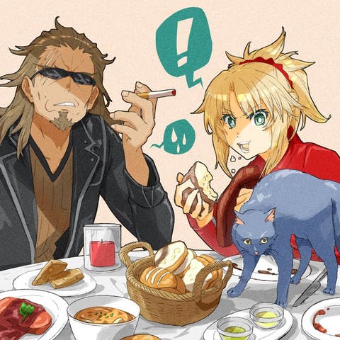 【FGO】猫と戦うモードレッドと朝から食べる量の多さに引く獅子劫さん　Fate/GrandOrderのイラスト紹介2415